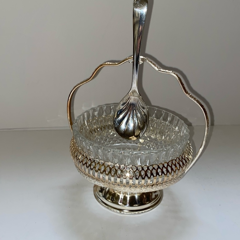 Vintage Mayell Glass Condiment Serving Dish in Silver Plated Basket Holder